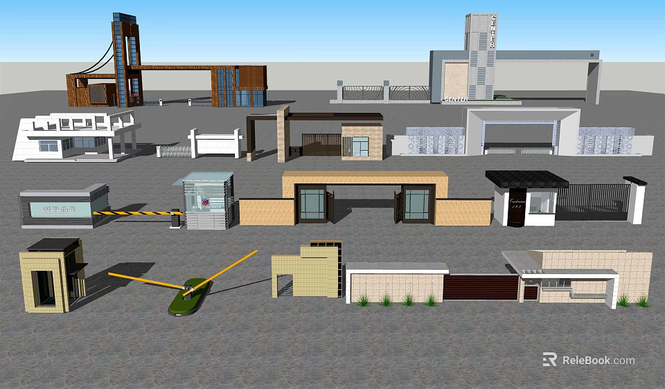Modern Entrance Gate Design With Double Doors Security Booth Railing And Canopy 3d model 