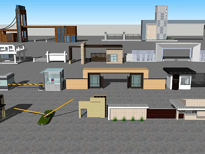 Modern Entrance Gate Design With Double Doors Security Booth Railing And Canopy 3d model