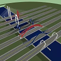 Modern Multiple Bridges With Red Blue Arch Designs Roadways And Water Elements 3d model