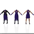 Three Women Wearing Purple Dresses With Different Designs And Purple Gloves On White Background