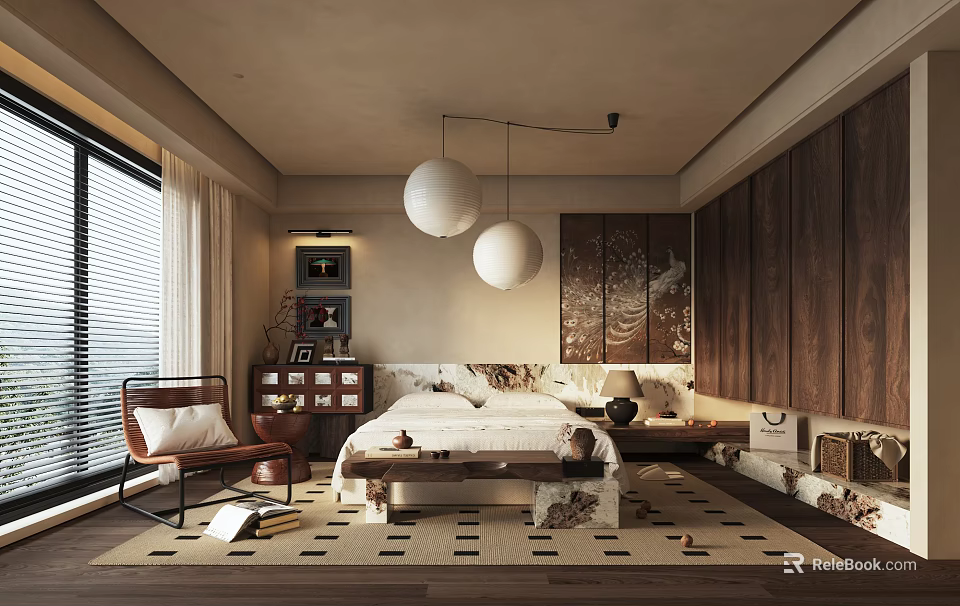 Modern Bedroom Interior Design With Wooden Panels Pendant Lights And Area Rug 3d model 