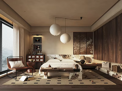 Modern Bedroom Interior Design With Wooden Panels Pendant Lights And Area Rug 3d model
