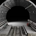 Industrial Railway Tunnel Interior With Rail Tracks Metal Pipes And Steel Frames