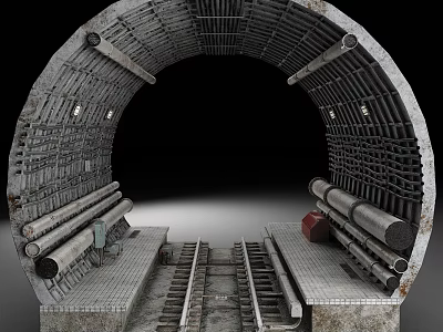 Industrial Railway Tunnel Interior With Rail Tracks Metal Pipes And Steel Frames 3d model
