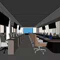 Modern Conference Room Interior Design With Long Table Multiple Screens White Chairs And Large Windows