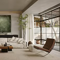Modern Living Room Interior Design With White Sofa Coffee Table Plants And Wall Painting