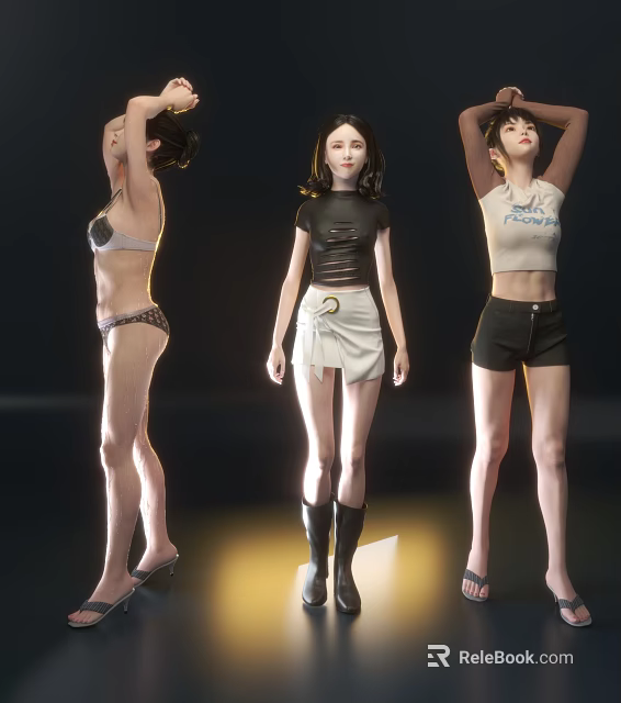Three Women in Different Outfits Black Top White Skirt Black Boots White T-Shirt and Shorts 3d model 