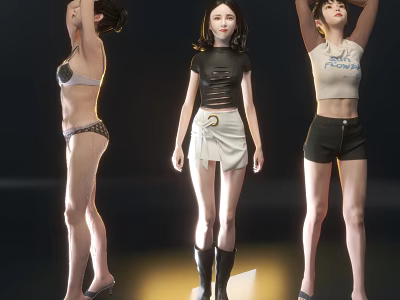 Three Women in Different Outfits Black Top White Skirt Black Boots White T-Shirt and Shorts 3d model