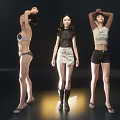 Three Women in Different Outfits Black Top White Skirt Black Boots White T-Shirt and Shorts