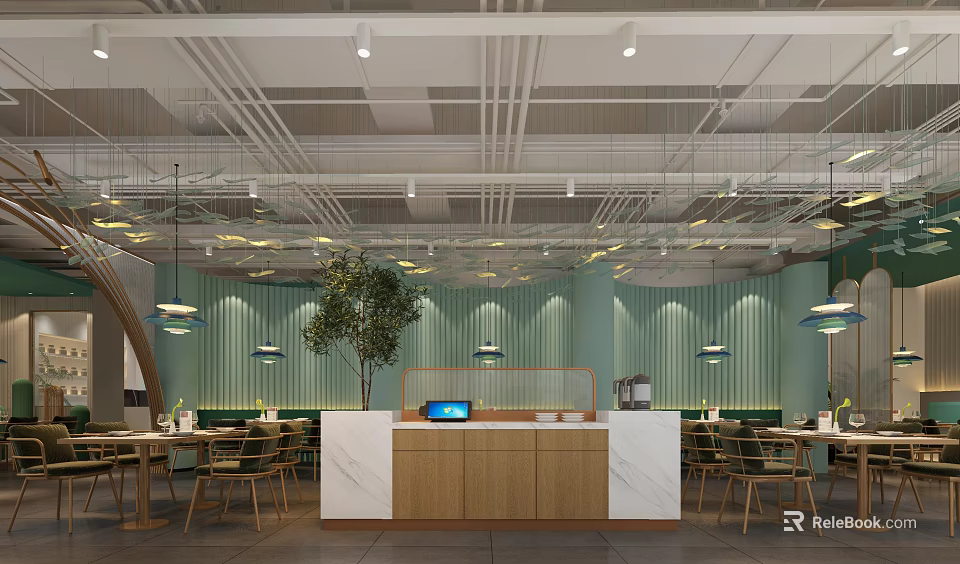 Elegant Modern Restaurant Interior With Green Striped Walls Marble Wood Bar And Pendant Lights 3d model 