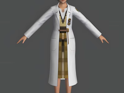 Woman Wearing White Long Coat with Plaid Dress and Belt Accents 3d model