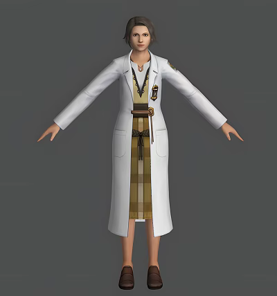 Woman Wearing White Long Coat with Plaid Dress and Belt Accents 3d model