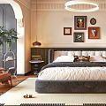 Elegant Modern Bedroom Interior With Dark Wardrobe Wall Art Wooden Floor And Area Rug