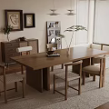 Modern Wooden Dining Table Set With Upholstered Chairs Wall Art And Potted Plant
