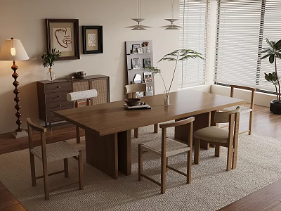 Modern Wooden Dining Table Set With Upholstered Chairs Wall Art And Potted Plant 3d model