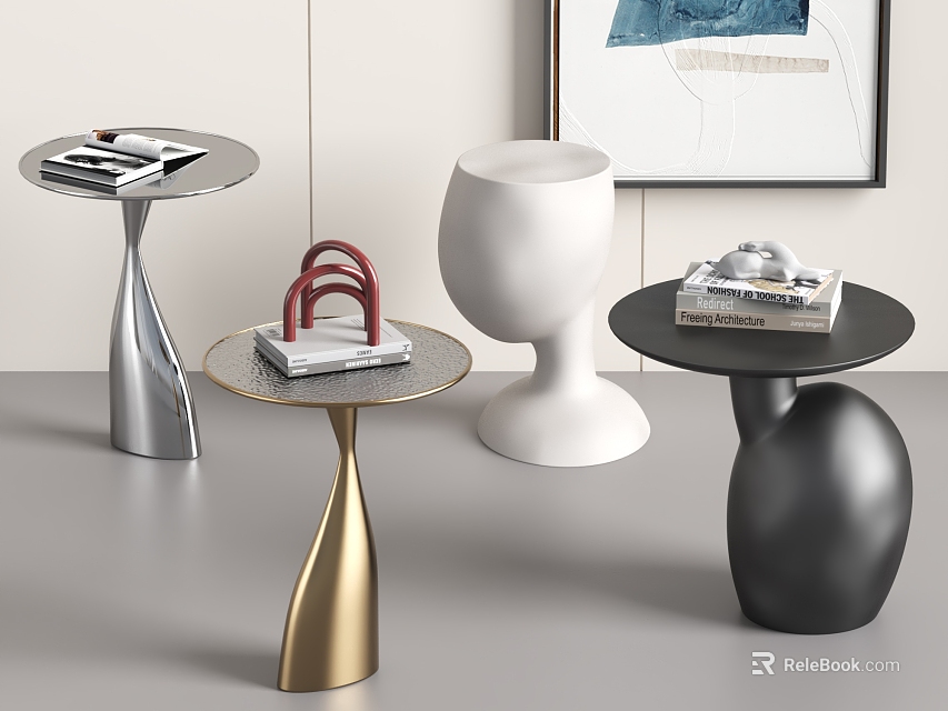Modern Side Tables With Silver Gold White Black Colors Unique Base And Decorative Items 3d model 