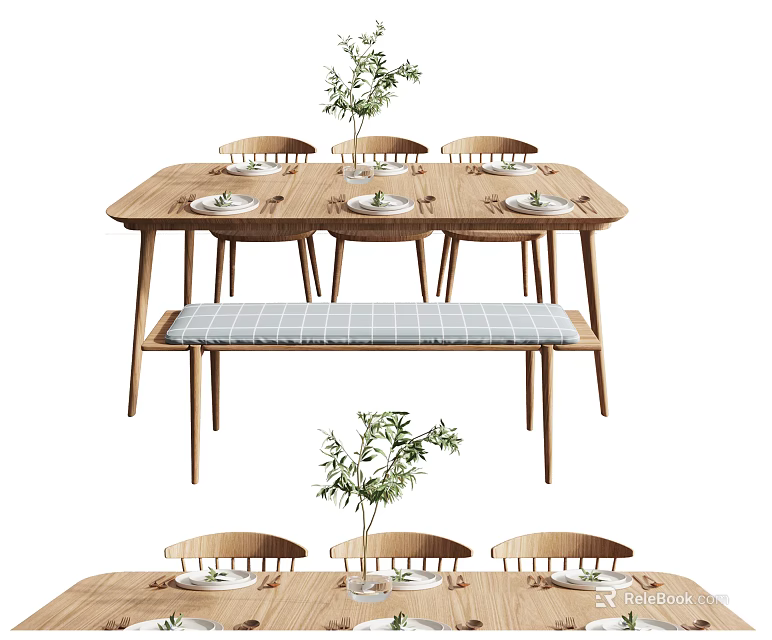 Wooden Dining Table Set With Chairs Bench Tableware And Green Plants 3d model