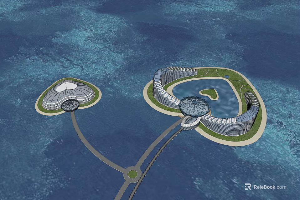Modern Circular Oceanfront Hotel Building On Connected Islands With Green Areas 3d model 