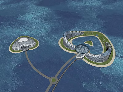 Modern Circular Oceanfront Hotel Building On Connected Islands With Green Areas 3d model