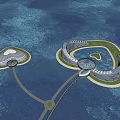 Modern Circular Oceanfront Hotel Building On Connected Islands With Green Areas