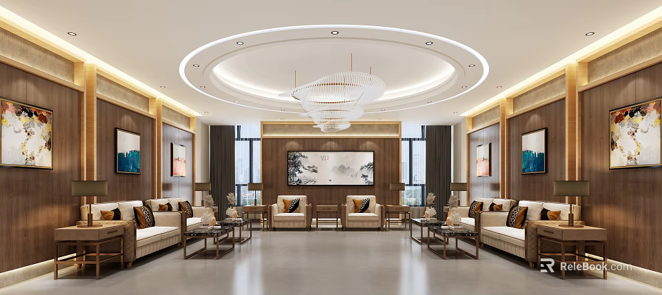 Elegant Hotel Public Lounge Area With Wooden Walls Chandelier Decorative Painting And Comfortable Sofas 3d model 