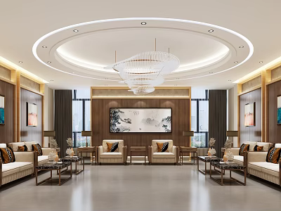 Elegant Hotel Public Lounge Area With Wooden Walls Chandelier Decorative Painting And Comfortable Sofas 3d model