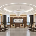 Elegant Hotel Public Lounge Area With Wooden Walls Chandelier Decorative Painting And Comfortable Sofas