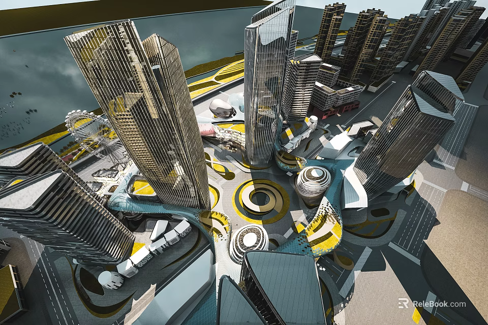 Modern Aerial View Urban Planning With Tall Skyscrapers And Circular Layout Design 3d model 
