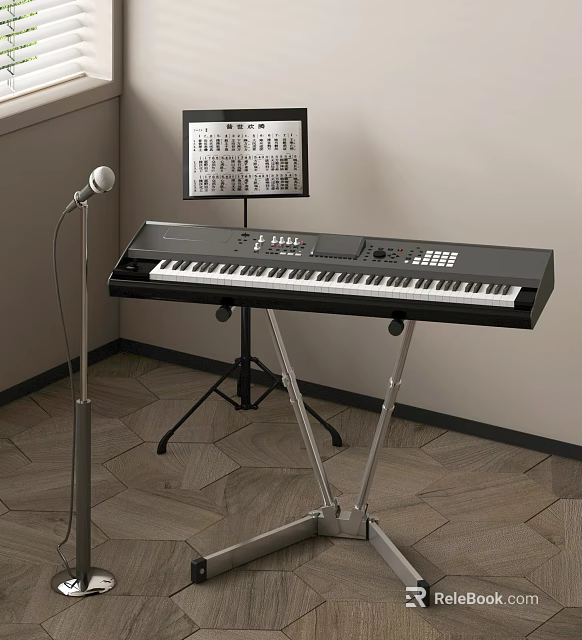 Musical Instruments And Art Supplies Setup With Keyboard Stand Microphone Sheet Music 3d model 
