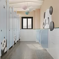 Colorful Public Restroom With Blue Purple Walls Decorative Spherical Lights And Children Paintings