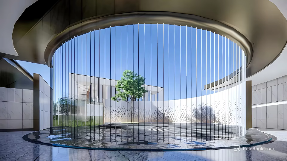 Contemporary Garden Landscape With Circular Metal Screen Vertical Lines Green Tree And Water Feature 3d model 