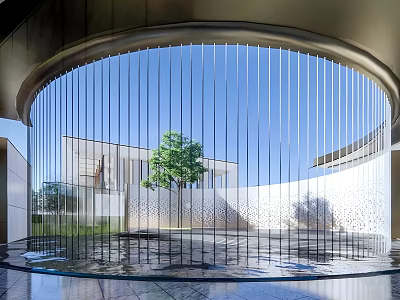 Contemporary Garden Landscape With Circular Metal Screen Vertical Lines Green Tree And Water Feature 3d model