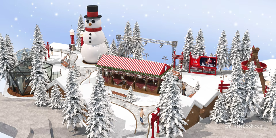 Festive Winter Tobacco Liquor Store in Snowy Scene with Pine Trees Snowman and Striped Roof 3d model 
