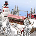 Festive Winter Tobacco Liquor Store in Snowy Scene with Pine Trees Snowman and Striped Roof