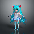 Anime Style Game Movie Character With Long Blue Hair Red Bows White Purple Dress
