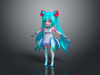 Anime Style Game Movie Character With Long Blue Hair Red Bows White Purple Dress 3d model