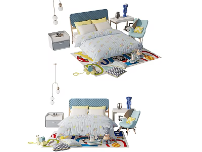 Kids Bed with Blue Headboard Patterned Bedding Nightstand Chair and Colorful Rug 3d model