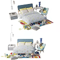 Kids Bed with Blue Headboard Patterned Bedding Nightstand Chair and Colorful Rug