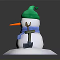 Snowman Character with Green Hat Blue Scarf and Orange Nose on Snowy Ground with Shovel