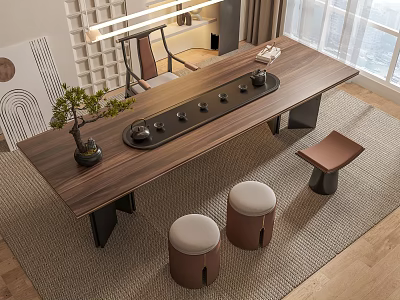 Modern Minimalist Tea Table And Chairs With Wooden Top Black Legs And Tea Tray Set 3d model