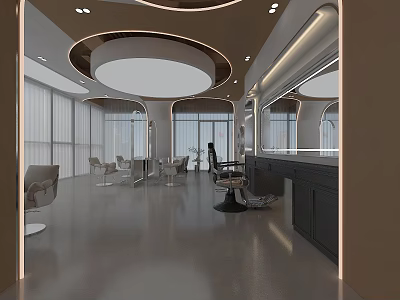 Modern Hair Beauty Salon Interior Design With Stylish Chairs Mirrors And Lighting 3d model