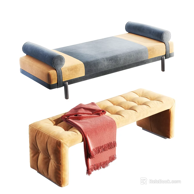 Blue Gray Yellow Ottoman With Armrest Black Legs And Tufted Yellow Ottoman Red Blanket 3d model 