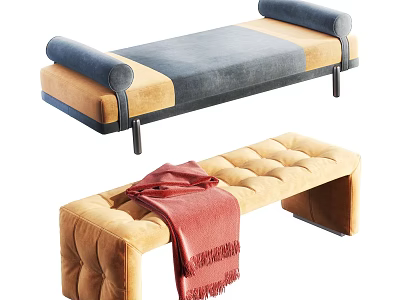 Blue Gray Yellow Ottoman With Armrest Black Legs And Tufted Yellow Ottoman Red Blanket 3d model