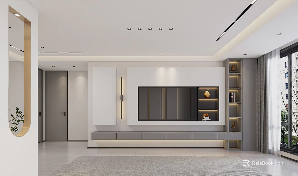Modern TV Wall Interior Design with White Panel Floating Shelves and Ambient Lighting 3d model