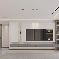 Modern TV Wall Interior Design with White Panel Floating Shelves and Ambient Lighting 3d model
