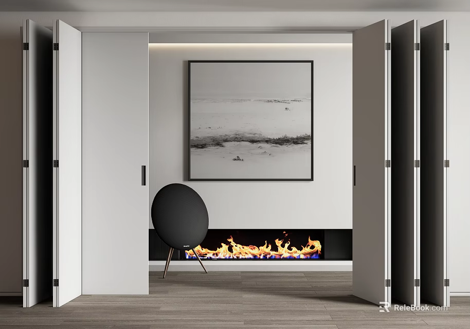 Open Folding Doors Reveal Modern Living Room With Fireplace Black Chair And Framed Art 3d model 