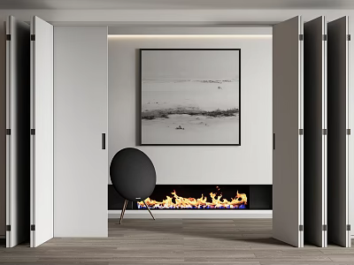 Open Folding Doors Reveal Modern Living Room With Fireplace Black Chair And Framed Art 3d model