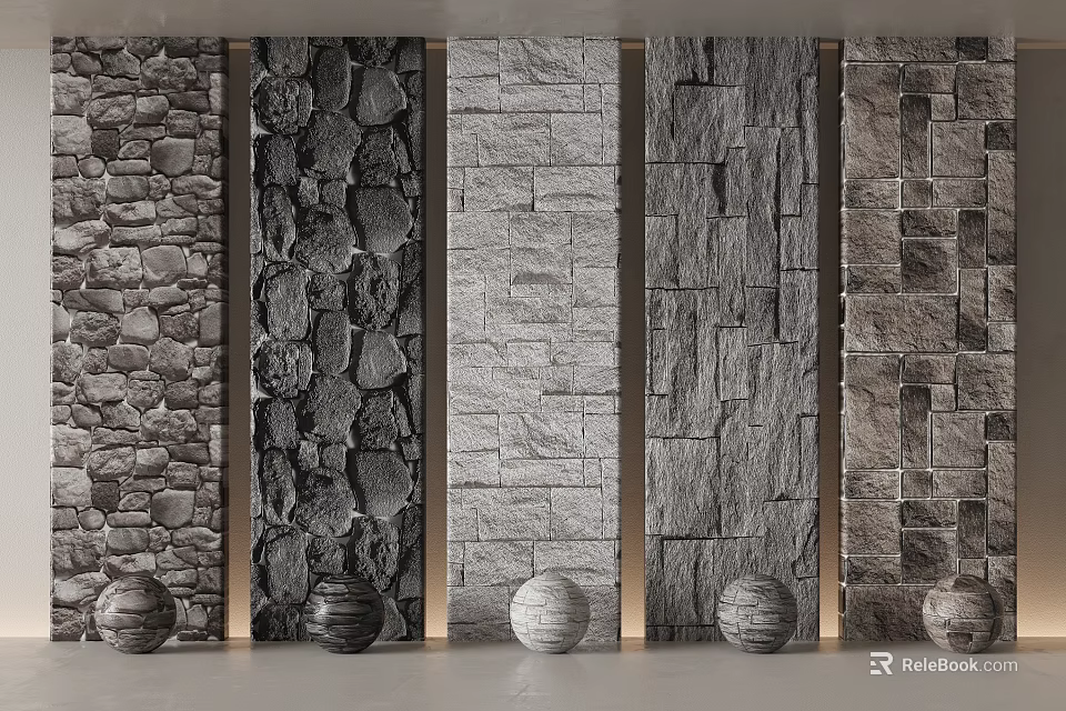Diverse Textured Stone Cultural Wall Design With Various Natural Patterns And Decorative Spheres 3d model 