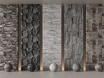 Diverse Textured Stone Cultural Wall Design With Various Natural Patterns And Decorative Spheres 3d model
