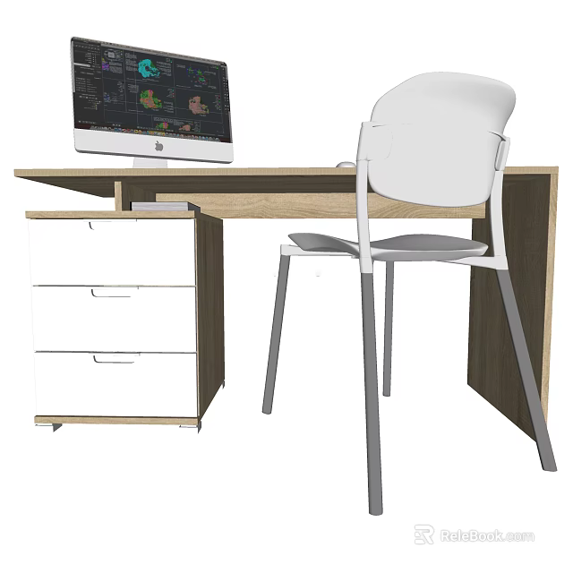 Modern Wooden Desk With Drawers And White Chair For Home Office Setup 3d model 